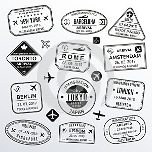 Passport stamp set. Different countries airport visa stamp. Custom control cachet. New York, Rome, Amsterdam, London, Barcelona